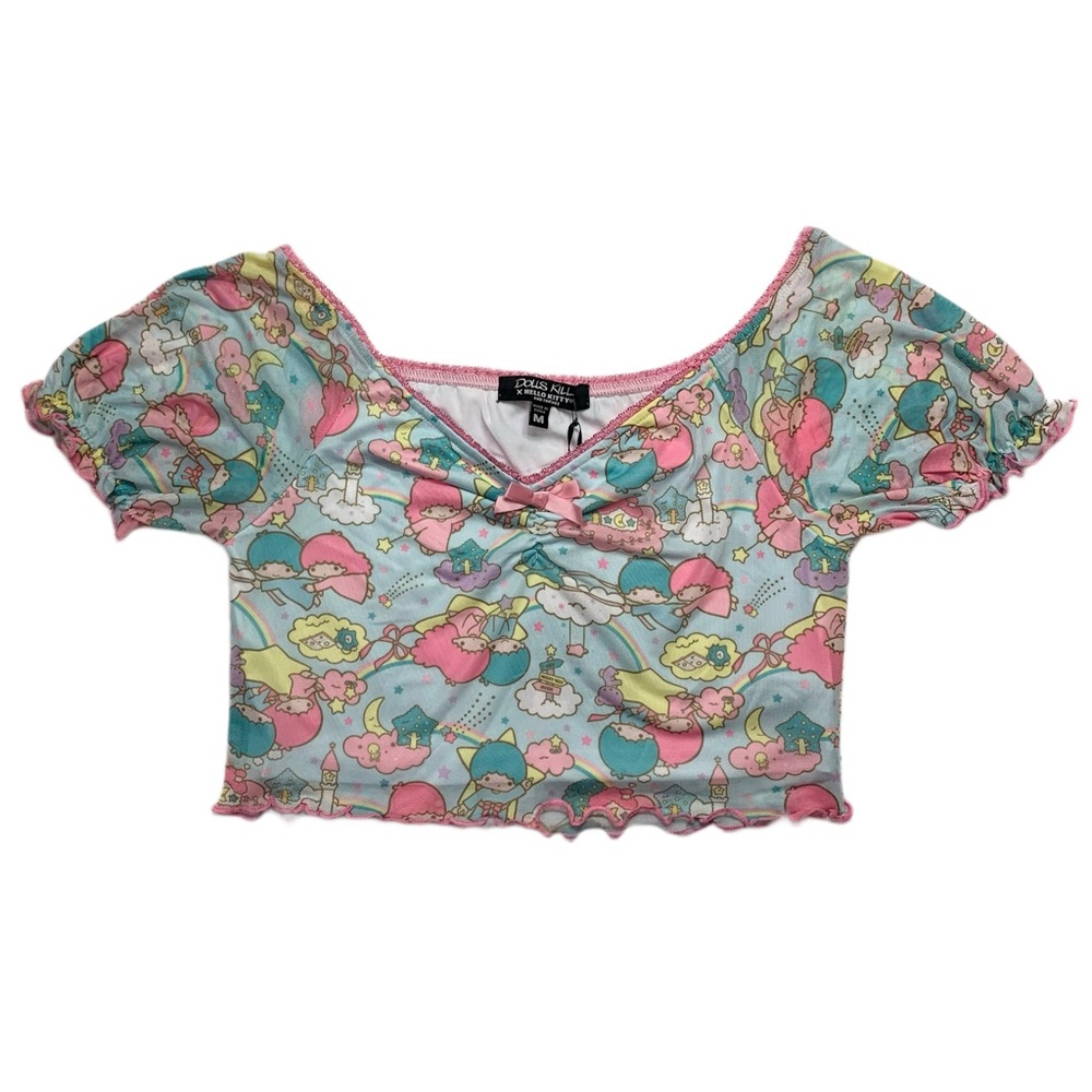 Dolls Kill x Hello Kitty Little Twin Stars Lost In The Clouds Mesh Crop Top